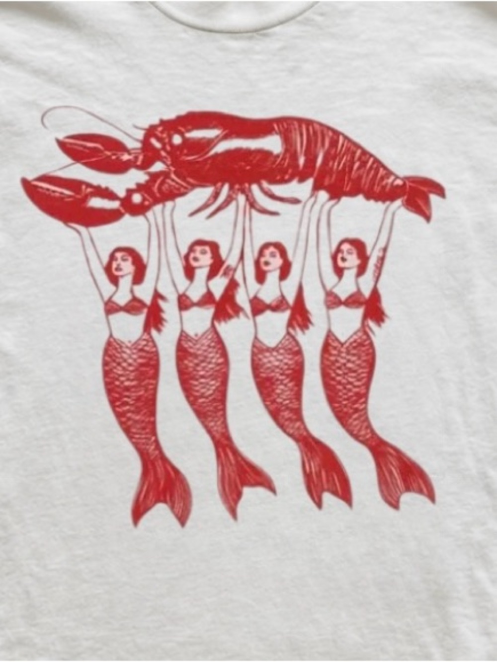 Gildan White Short Sleeve Tee with Red Lobster and Mermaids Graphic - Picture 3 of 4